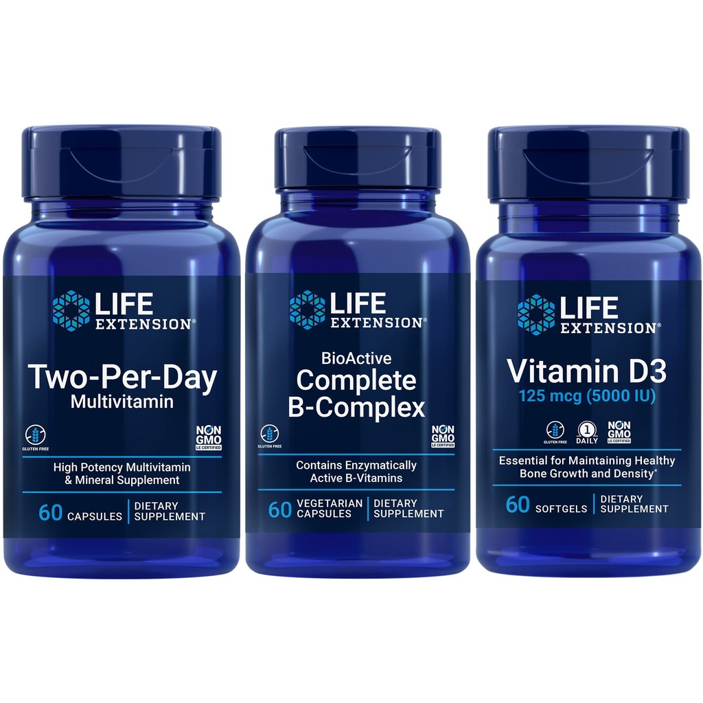 Life Extension Two-Per-Day Multivitamin, 60 kapsül | BioActive Complete B-Complex, 60 kapsül | Vitamin D3 125 mcg (5000 IU), 60 softgels | Bone & bağışıklık sağlığı, enerji ve metabolizma desteği