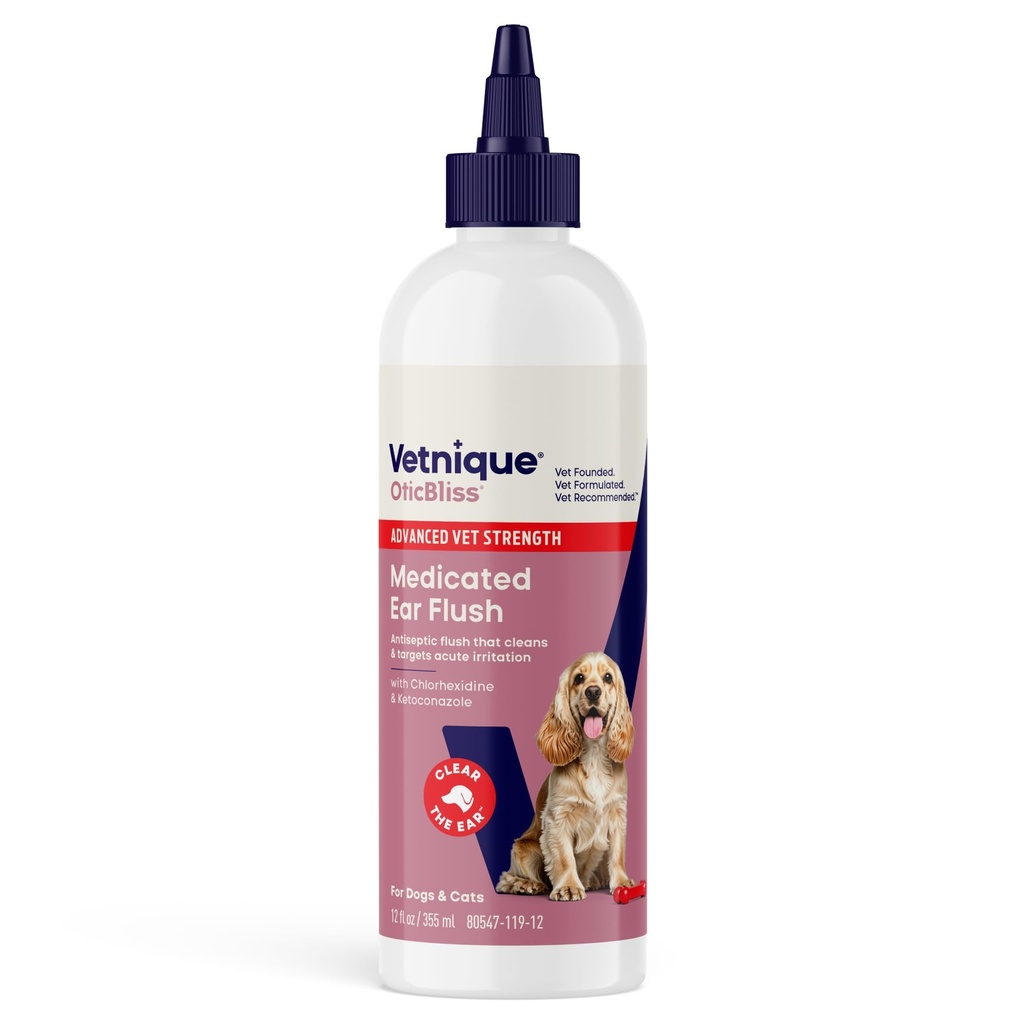 Vetnique Oticbliss Medicated Dog Ear Enfeksiyon Tedavisi, Cat & Dog Ear Temizlik Çözümü için Antisptik Kulak Bakımı Çözümü Chlorhexidine & Ketoconazole (12oz Flush)