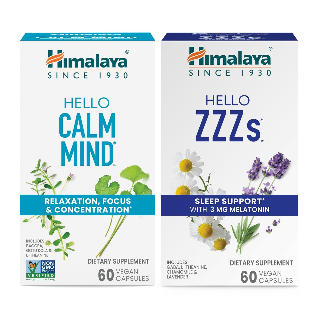 Himalaya Merhaba Calm Rahatlama, Focus ve Concentration & Hello ZZZs with Melatonin for Sleep Support, 60 Capsules Every - Schen