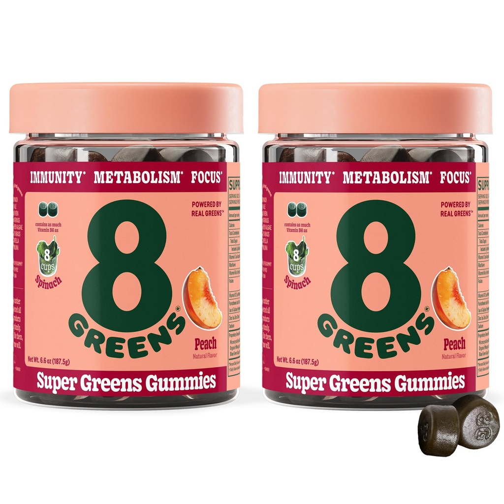 8Greens Supergreens Gummies | Super Greens Toz Superfood Gummy for Metabolism, Immunity & Focus, Digestive Health Enzymes, Organic: Chlorella, Spirulina, Aloe Vera, Peach Flavor, 100 Count