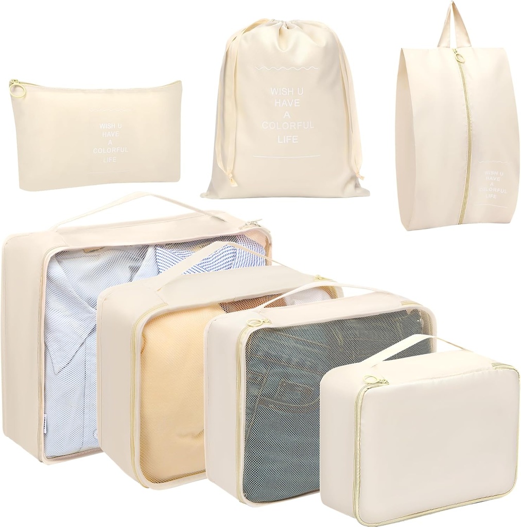 Toplive Set 7 Auto Cubes for Travel, Bagaj Organize Çantaları Seyahat Aksesuarları, Paketi Cubes, Beige