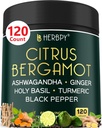 6in1 Citrus Bergamot Supplement with Ashwagandha, Holy Basil, Turmeric & Ginger Root - Sağlıklı Ağlama, Immune & Relaxation - 120 Vegan Capsules