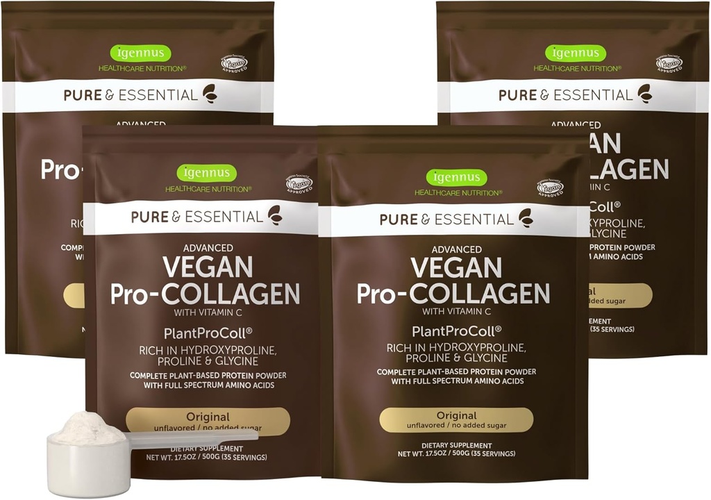 Igennus Vegan Collagen Peptide Toz, Glycine, Proline & Hydroxyproline & Coctor Vitamin C, Non GMO, Complete Vegetarian Plant Based Collagen Toz (28), 4 x 35 Hizmet