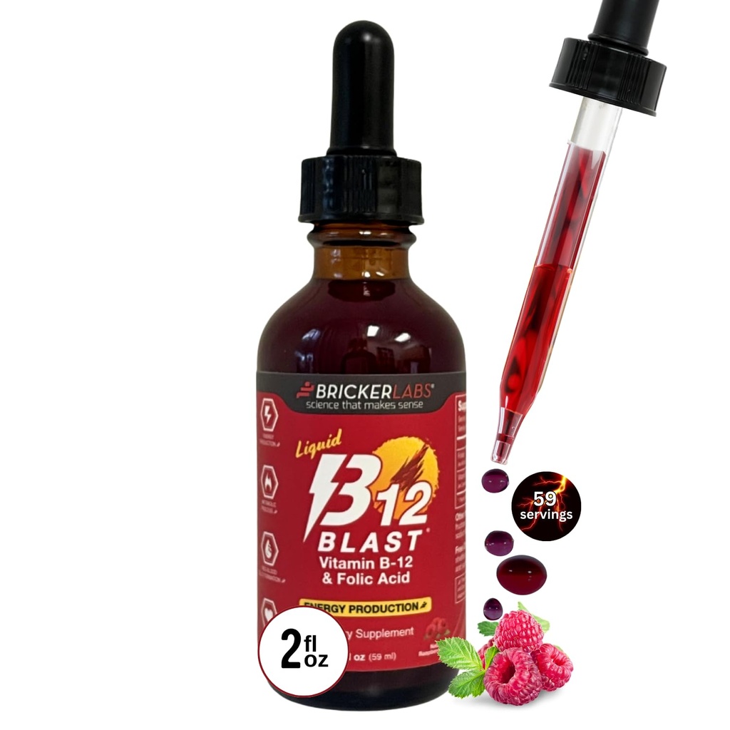 Bricker Labs B-12 Blast Liquid Vitamin B12 and Folic Acid Supplement, Support Energy Production, Great Tasting Liquid Vitamin B12 Dietary Supplement in Natural Raspberry Flavor, 2 fl oz Bottle