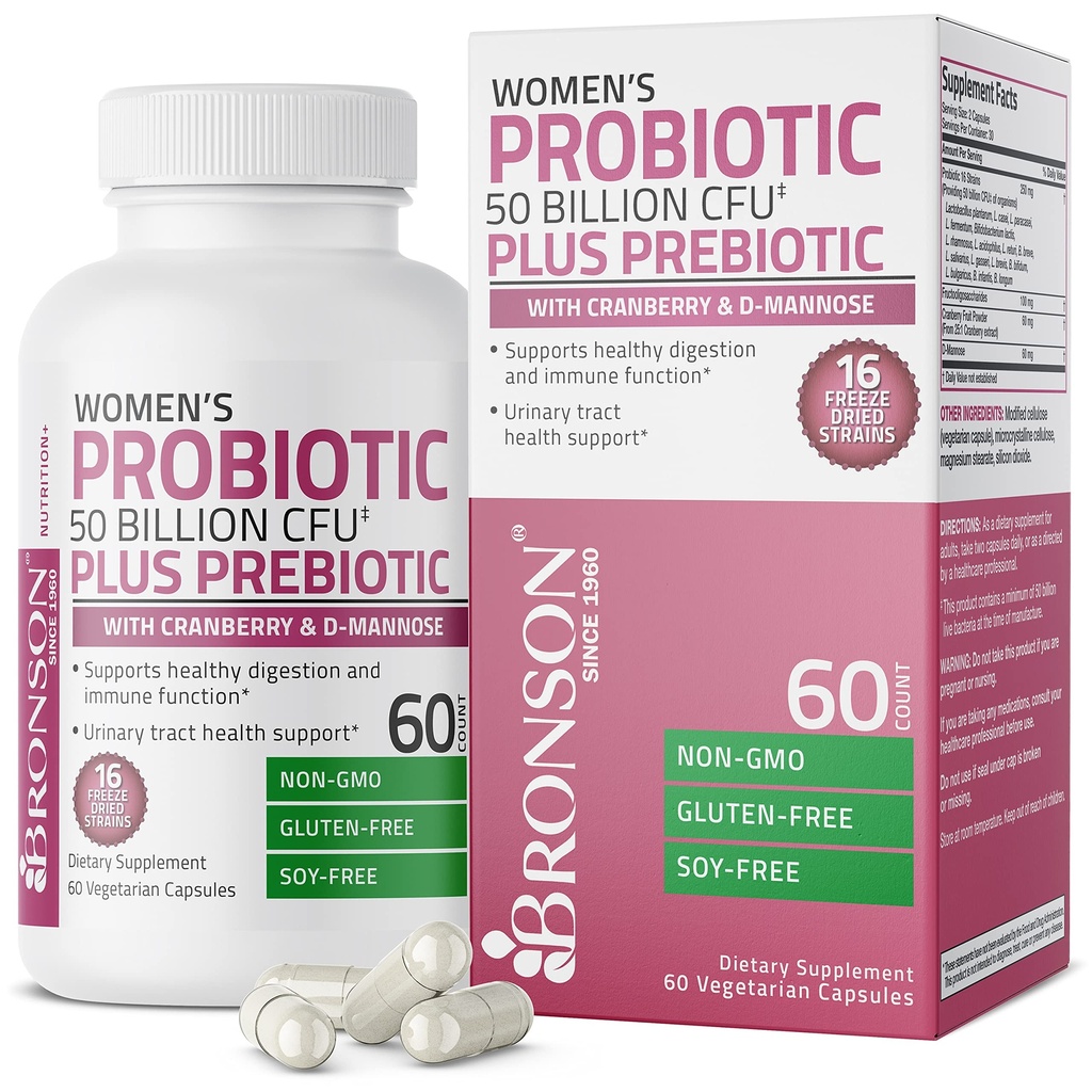 Bronson Women's Probiyotik 50 Milyar CFU + Prebiyotik with Cranberry & D-Mannose – Vaginal Health, Sağlıklı Digestion, Immune Function and Urinary Tract Support, Non-GMO, 60 Vegetarian Capsules