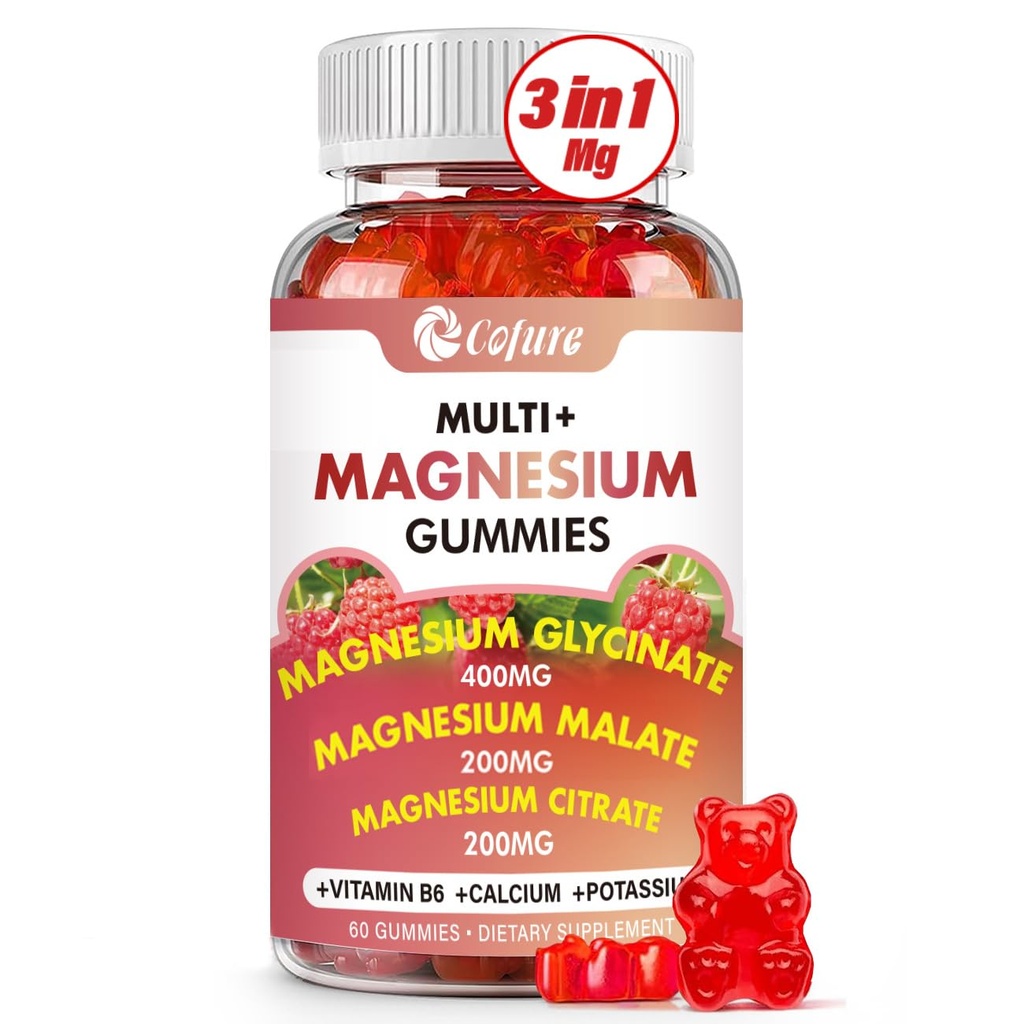 Triple Kompleksi 900 mg, Magnezyum Glycinate, Citrate, Malate with Pyum, Kalsiyum, Vitamin B6 for Calm & Sleep - Vegan, Non-GMO, Gluten Free - 60 Raspberry Gummies for Yetişkinler