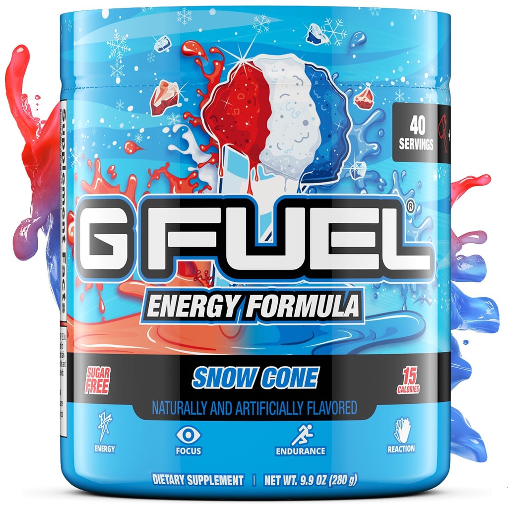 G Fuel Snow Cone Energy Drink Toz, Pre Workout Caffeine Mix for Game, Sugar Free Focus Amino, Vitamin + Antioksis, 9.9oz (Snow Cone, 40 Hizmet)
