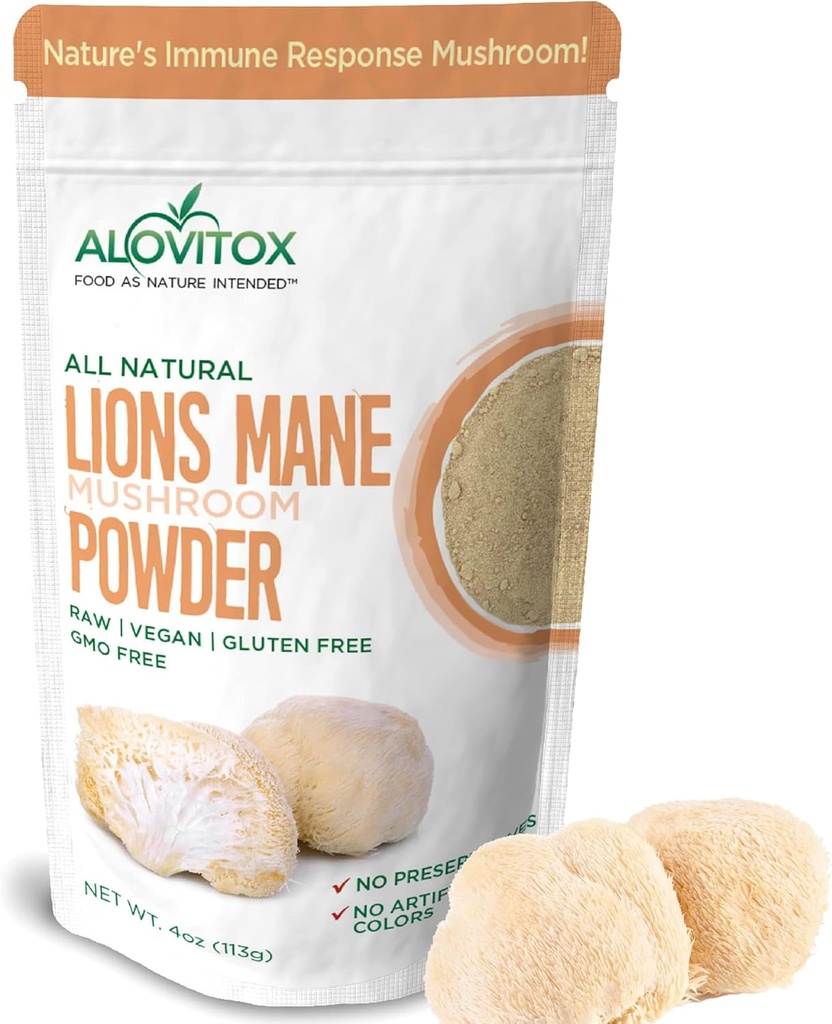 Alovitox Organik Lion's Mane Mushroom Toz | Brain, Energy & Immune Health için Doğal Superfood, Neural Support, GI Protection, Cardiovascular Faydaları | Non-GMO, Vegan, Gluten-Free | 4 ozz