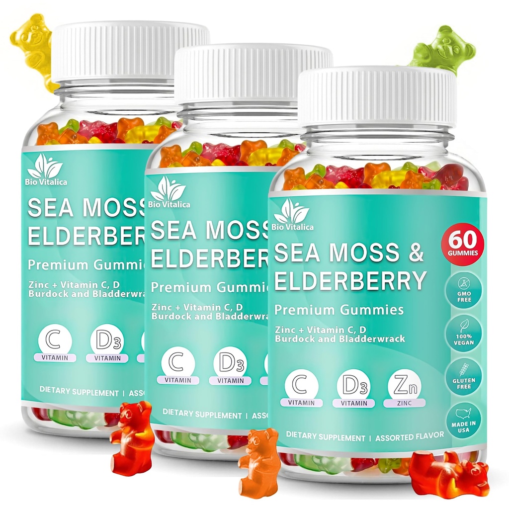BIO VITALICA Deniz Moss Gummies Elderberry BioVitalica - C D + çinko - İrlandalı Seamoss Vegan Gummy with Sea Moss Gel & Toz for Immunity, Detox - Yetişkinler ve Çocuklar için (3Packs)