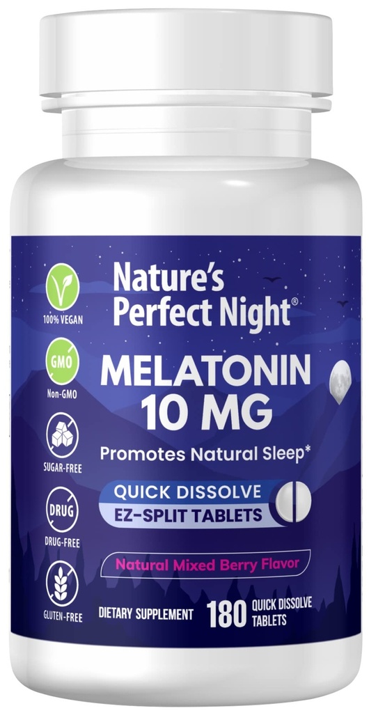 Nature's Perfect Night | Melatonin 10mg | 180 Hızlı Dissolve Tabletler | Doğal Karma Berry Flavor | Yüksek Potency | Sugar Free | Vegan | Gluten Free | Değer Boyut