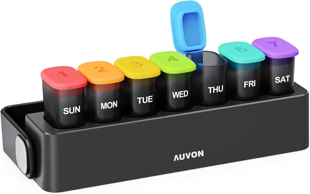 AUVON Moisture-Proof Weekly Pill Organizer with Locking Design, Sleek Pill Box 7 Day Easy to Use, Black Pill Case for Privacy Protection, Pill Holder for Drugs, Vitamins, Fish Oils, Supplements,