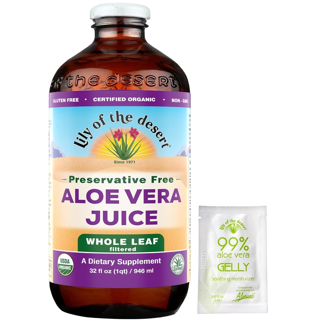 Lily Of The Desert Aloe Vera Juice, Preservative Free - All Leaf Aloe Vera Drink with Natural Vitamins, Digestive Enzymes for Gut Health, Stomach Relief, Wellness, Glowing Skin, Gelly Sachet dahil