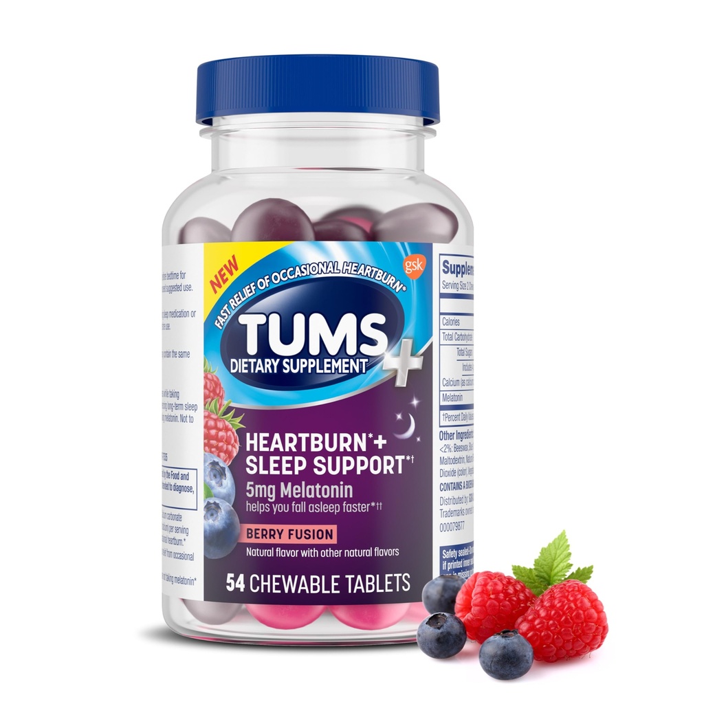 TUMS Heartburn Plus Sleep Support Chewable Diyetary Supplement Tabletler for Occasional Heartburn Relief Plus Sleep Support, Berry Fusion - 54 Kont