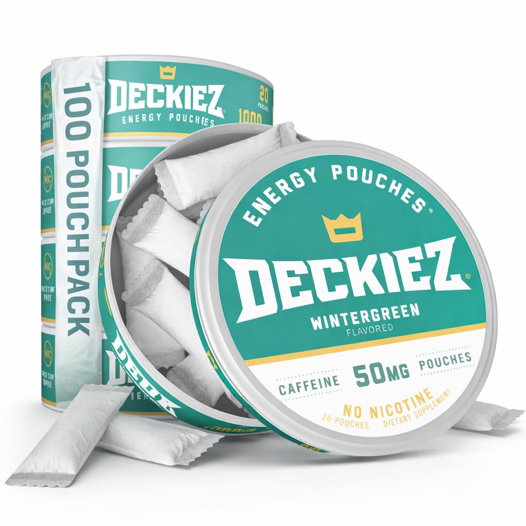 Deckiez Energy Pouches, 5 Cans (100 Pouches), Sugar Free Caffeine Supplement, Kahve Pouches & Energy Drink Alternative, 50 mg Caffeine Pouches, Wintergreen Flavorine Pouches,