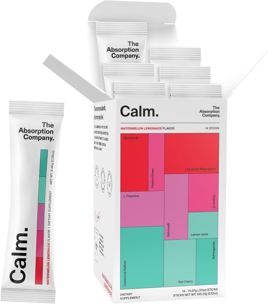 Calm Drink Mix - Relaxation Aid with Magnesium, Ashwagandha, L-Theanine, & Vitamin D - Supports Cortisol Regulation and Mood for Men & Women - Watermelon Lemonade Flavor 14 Sticks
