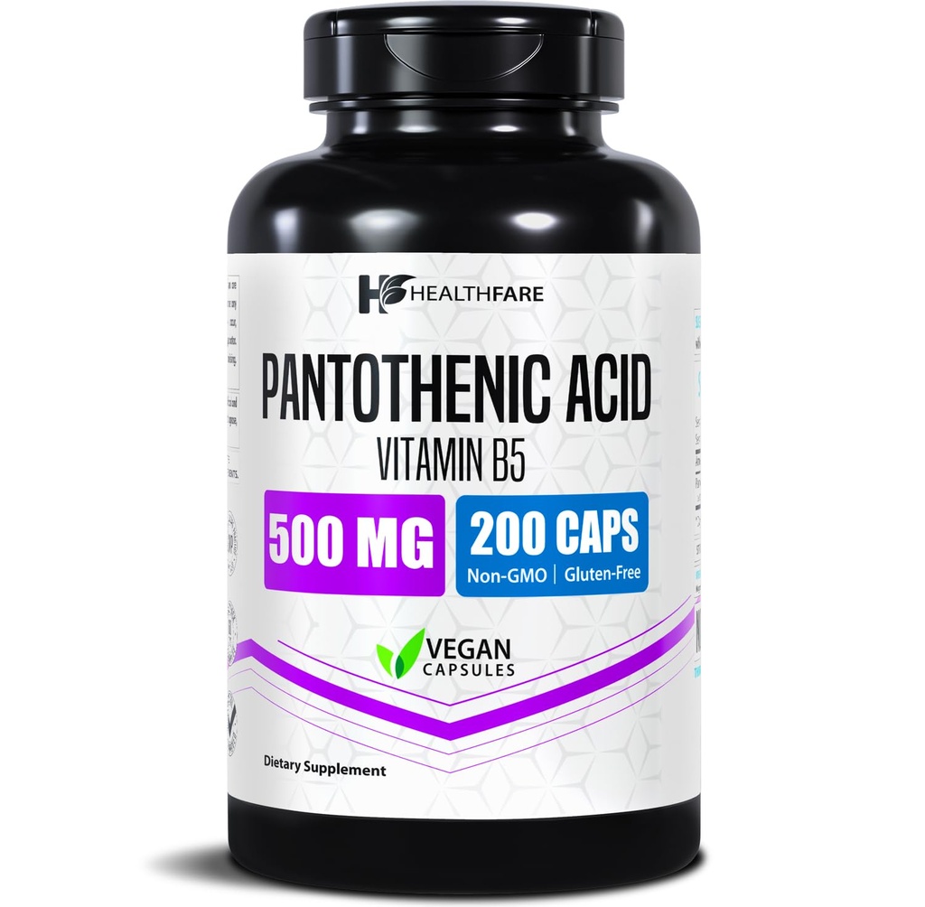 Healthfare Pantothenic Acid 500 mg Vitamin B5 Supplement | 200 Vegan Capsules | Ekstra Güçlü Enerji & Metabolism Desteği | ABD'de Yapılacaklar