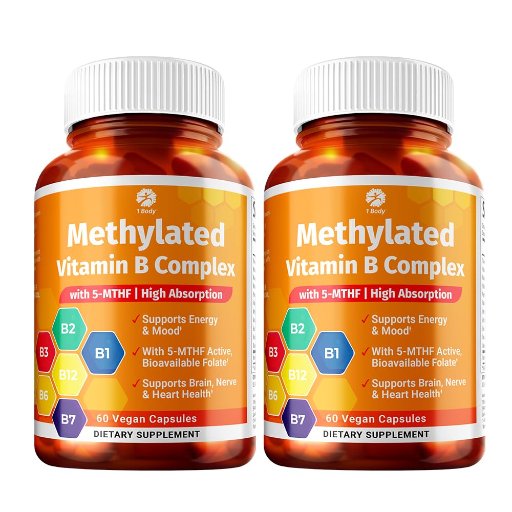 1 Body Vitamin B Kompleksi Twin Pack – 5MTHF Folate with B1, B2, B5, B6, Torch B12, Niacin, Biotin – 60 Capsules Every