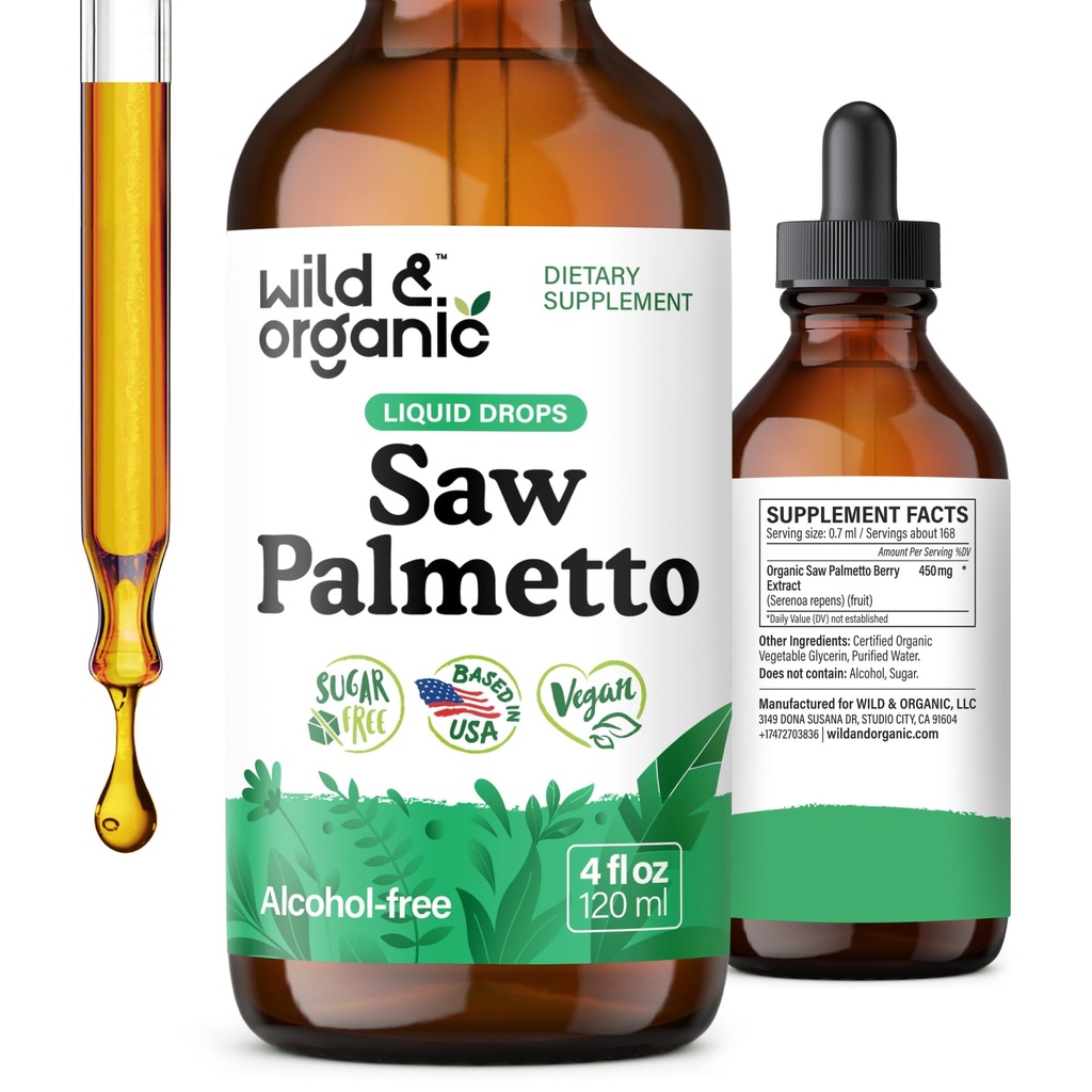 Wild & Organic Saw Palmetto Tincture - Saw Palmetto Erkekler ve Kadınlar için Tamam - Sıvı Toz Esaslı Drops - Serenoa Repensummer - Vegan, Sugar & Alkol-Free - 4 fl ozz