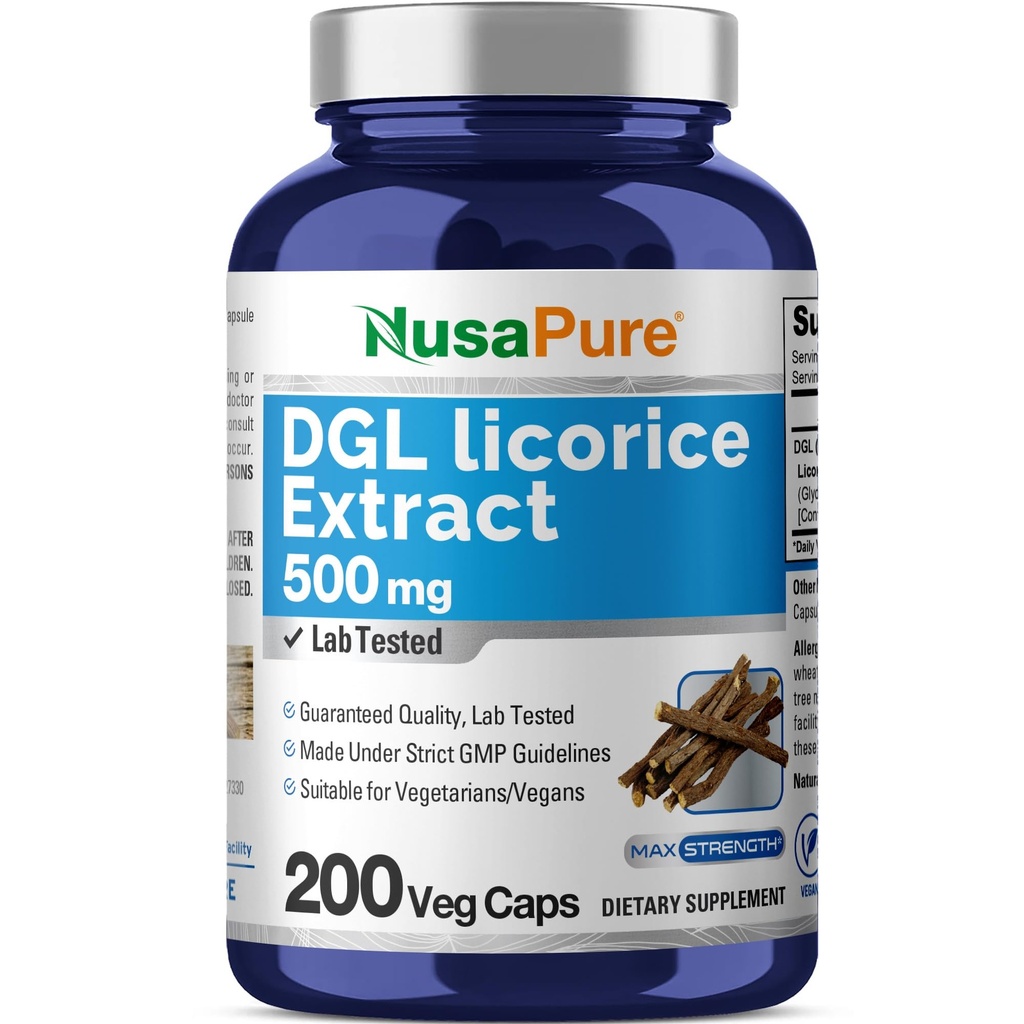 NusaPure DGL Licorice Ekstra 500 mg 200 Veggie Capsules (Vegan,Non-GMO)