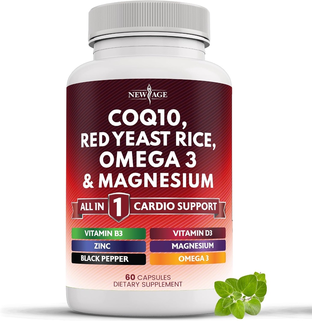 NEW AGE COQ10 200 mg Red Yeast Rice, Omega 3, Magnezyum Kompleksi, çinko Vitamin K2 D3 - B3 Vitamini Kadınlar ve Erkekler için Kalp Sağlığı Destek Vitaminleri, Coenzyme Q10-60 Count