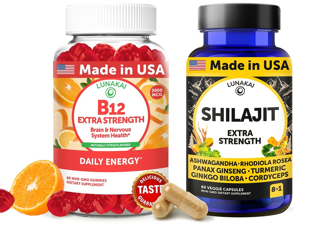Lunakai USA B12 Gummies & Shilajit Capsules Sche - Ekstra Kuvvetli Günlük Enerji & Sağlık Desteği