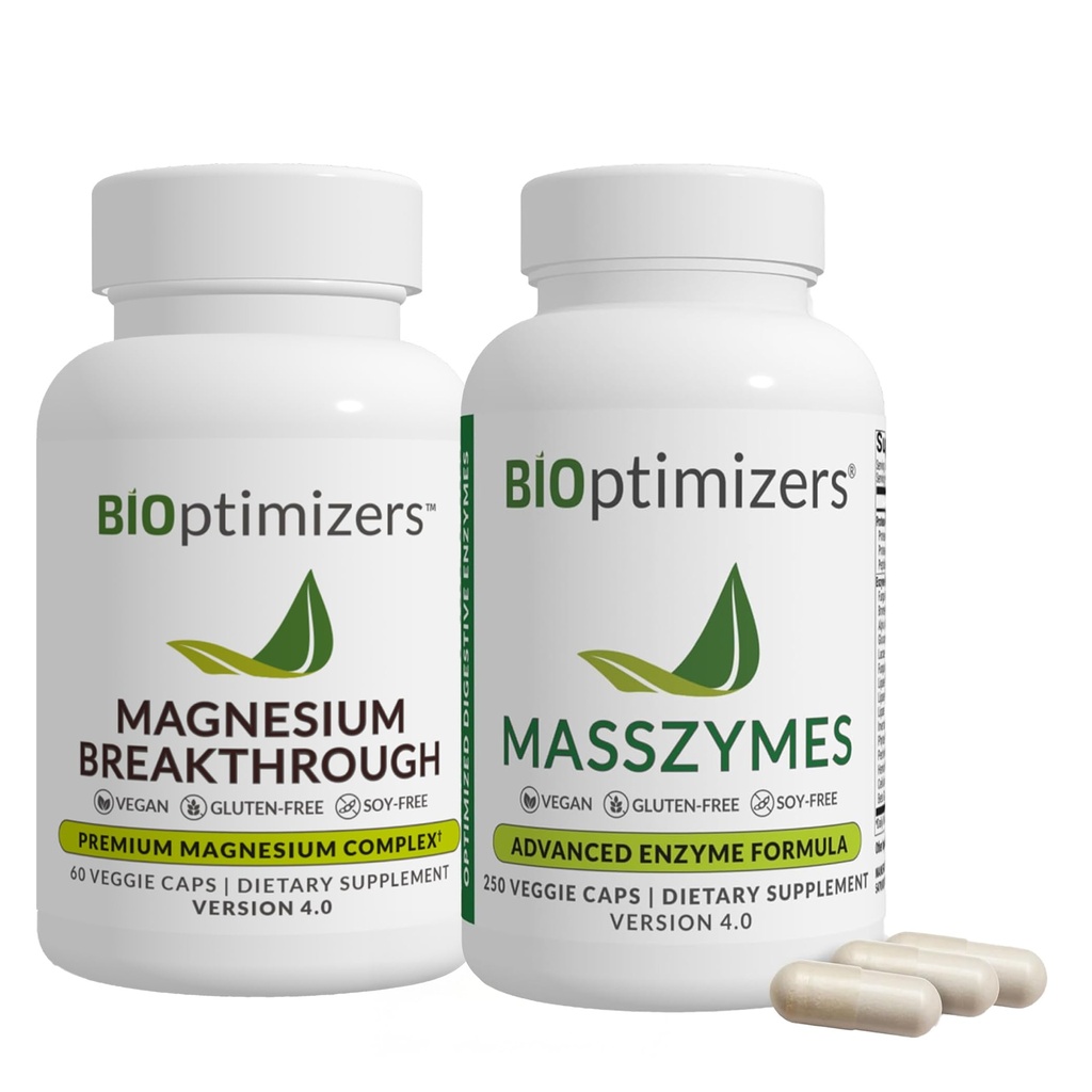 BiOptimizers Magnezyum 4, (60 Capsules) & MassZymes 4.0, (250 Capsules) - Doğal Uyku, Beyin ve Digestive Health Support Supplement Sche