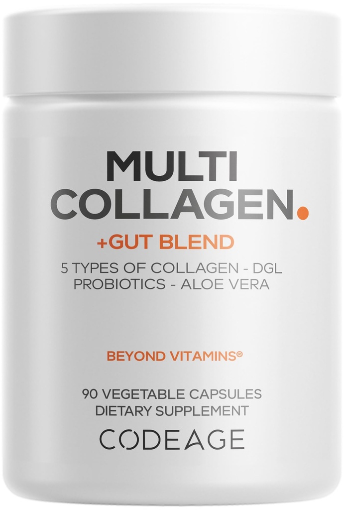Kodage Multi Collagen + Gut Comb - Digestive Probiyotiks, DGL Licorice, Aloe Vera, Organik Peppermint Leaf, Terpery Elm - Hydrolyzed Bovine Collagen Pills - Non-GMO - 90 Capsules