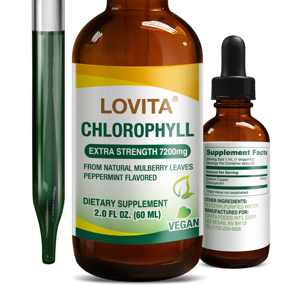 Lovita Chlorophyll Liquid Drops, High Potency 120 mg/mL, 7,200 mg per Şişe, Doğal Enerji ATM & Immune Support, Internal Deodorant, Skin Health, Vegan & Non-GMO, Mint Flavor, 60 hizmet