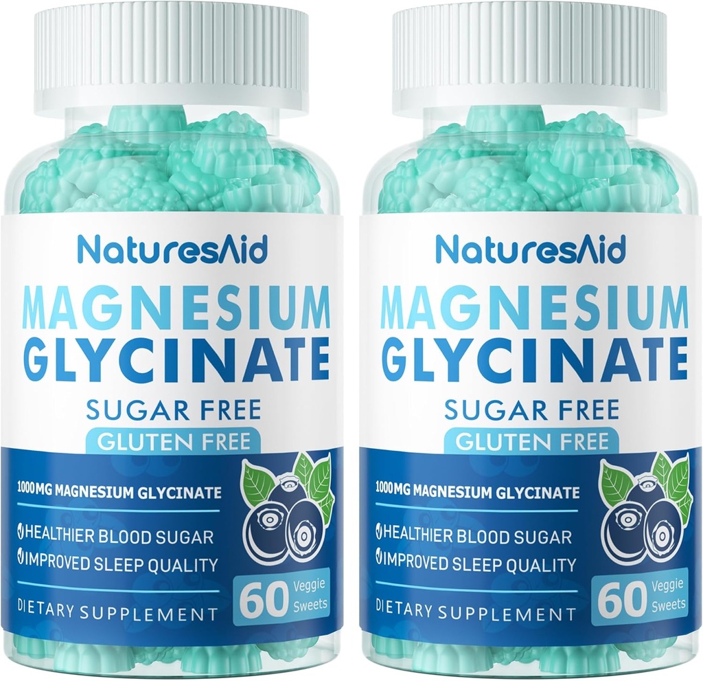 Magnezyum Glycinate Gummies 1000 mg - Sugar Free Magnezyum Pids Supplement with Vitamin D, B6, CoQ10 For Calm Mood & Sleep Support - 120 Blueberry Gummies -2 Pack