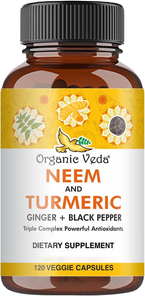 Organik Veda Neem & Turmeric Capsules with Ginger & Black Pepper - Neem Leaf, Turmeric, Ginger, Black Pepper Capsule Supplement - Vegan, Non-GMO - 120 Kont