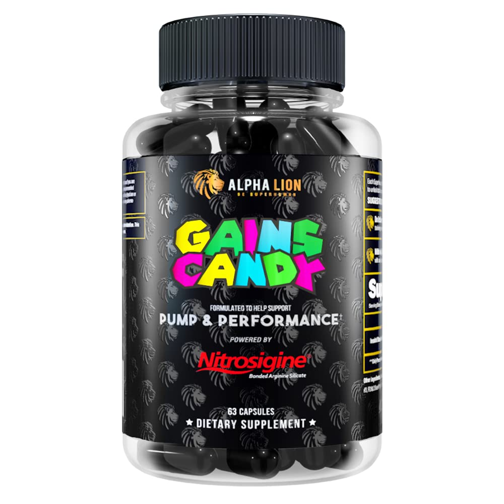 ALPHA LION Gains Candy, Supplement Pills for Muscle Pump & Blood Flow, Nitric Oxide Booster, Supports Mental Focus, Use Daily to Upgrade Workout Performance, 63 Capsules (Nitrosigine)