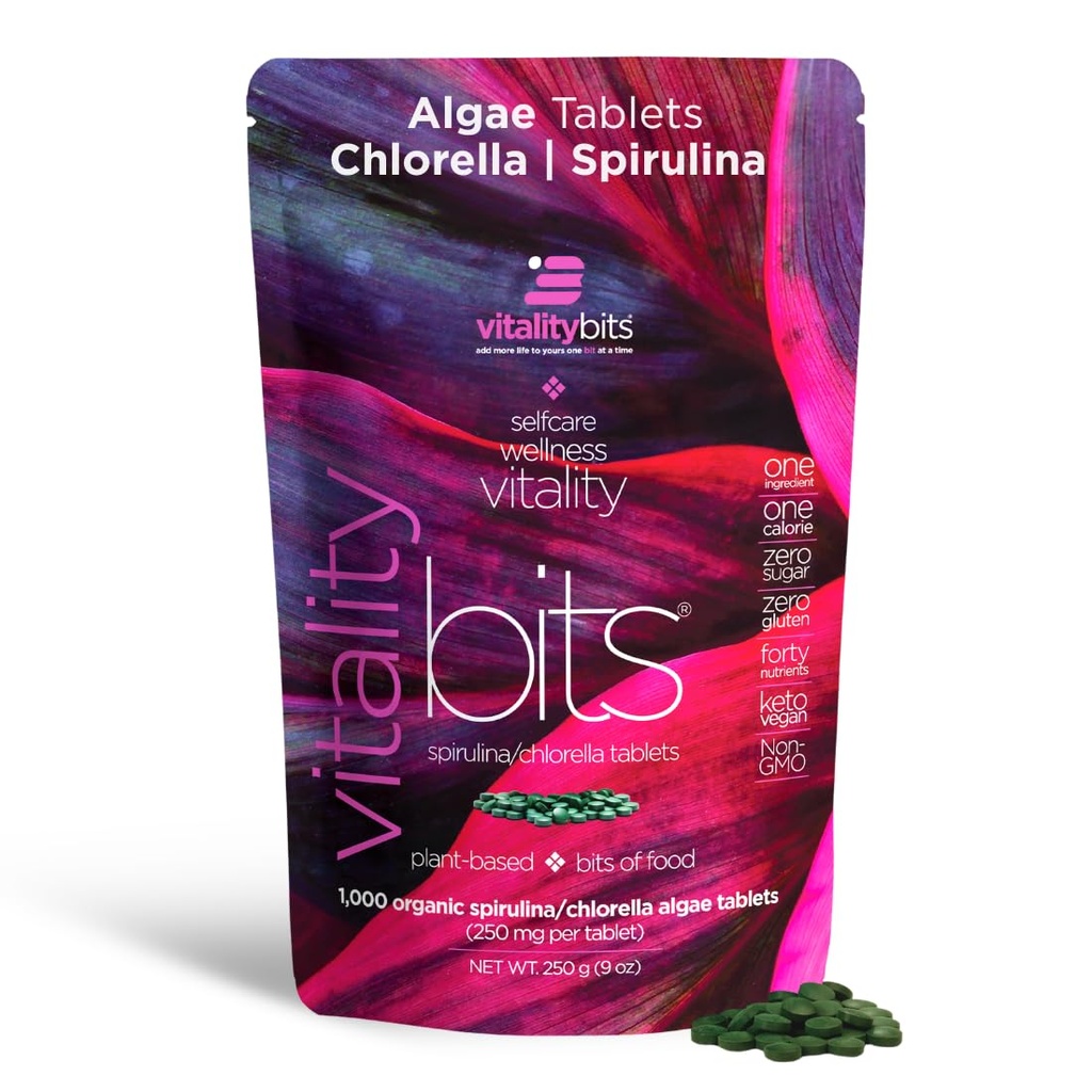 VITALITYbits - Organik Mixed Spirulina & Chlorella Tabletleri - Algae Superfood - Enerji, Self Care, Beauty - Yeşilleri, Tamamları, Protein, Snacks - Vegan, Keto, Gluten Free - 1000 Tabletler Bag