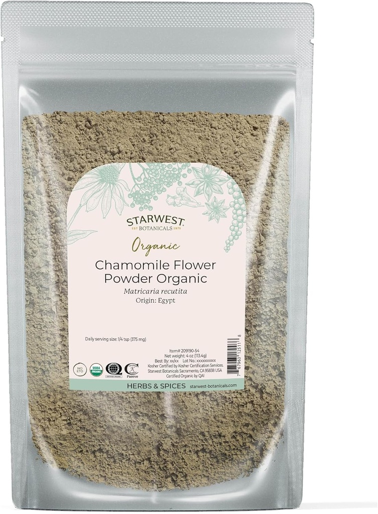 Starwest Botaniks Organik Chamomile Çiçek Toz - Çay için Herb Yapraklar, Herbal Lotions ve Baking, Mısır'dan Kaynaklandı, Sertifikalı Kosher, Non-GMO - 4 oz Pouch