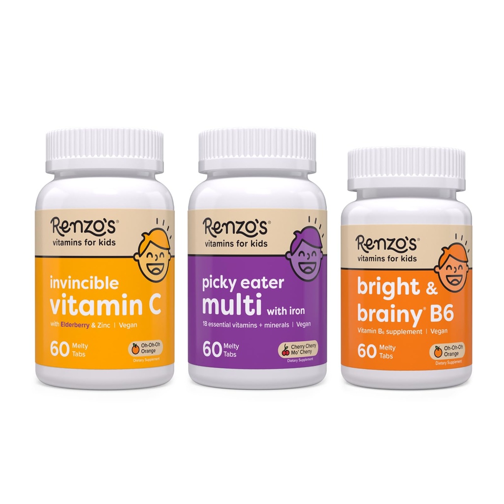 Renzo'nun Vitaminleri Okula Geri Döndü, Bright & Brainy Vitamin B6, Picky Eater Kids Multivitamin ve Kids C with Elderberry & çinko for Immune Support