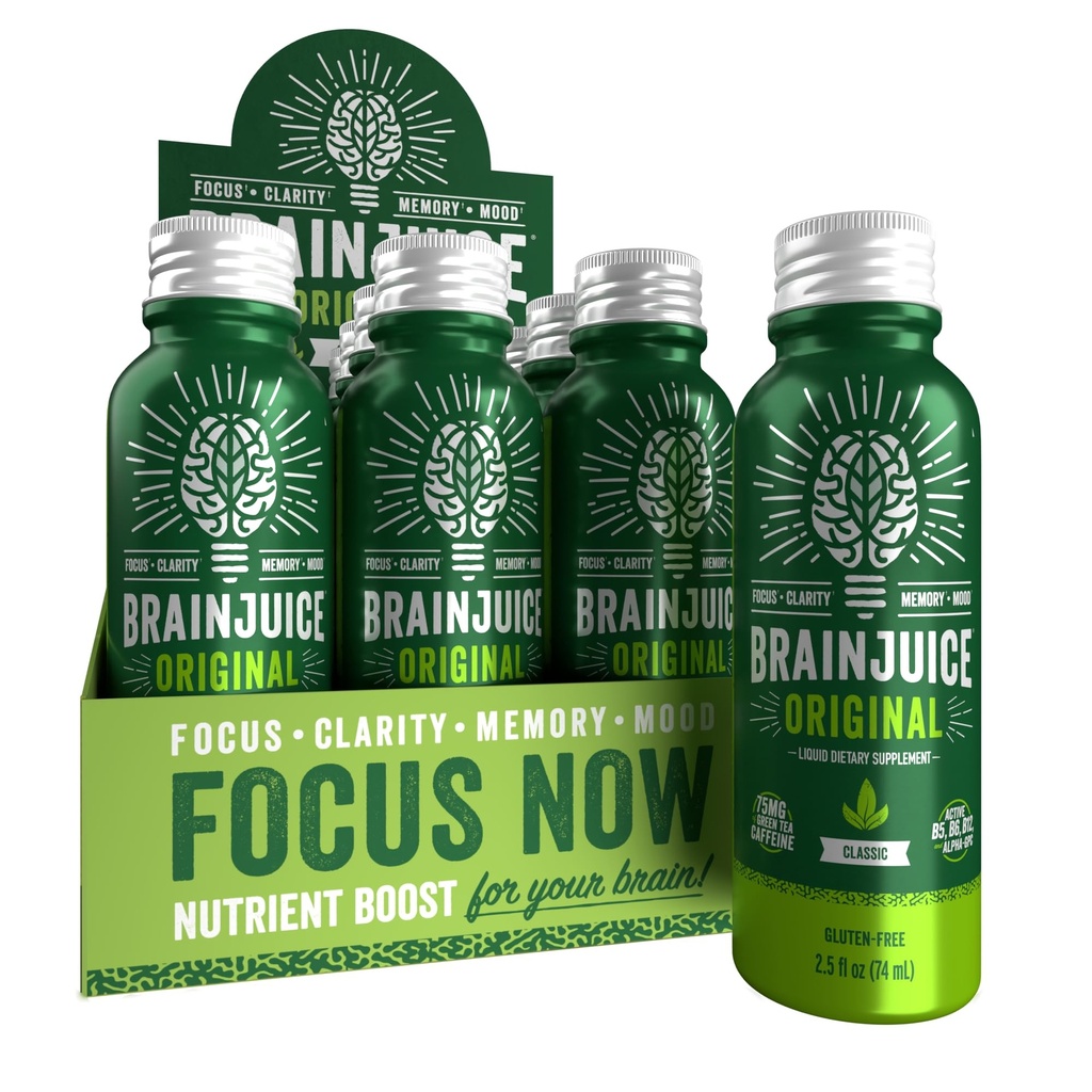 BrainJuice Focus & Energy Drink Shots, Nootropics with Alfa GPC, B Vitamins & Organic Green Tea Caffeine, Supports Focus, Memory & Clarity, Non-GMO, Gluten Free, Classic, 2.5 fl oz, 12 Pack