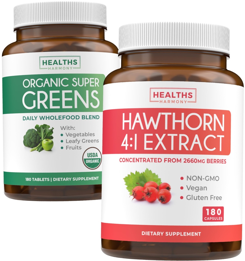 Super Greens & Hawthorn Extract (3-Month Supply) Super Berry Organik Super Greends Toz - Tamam Superfood & Hawthorn 4:1 Extract - High Strength Extract (180 Capsules)