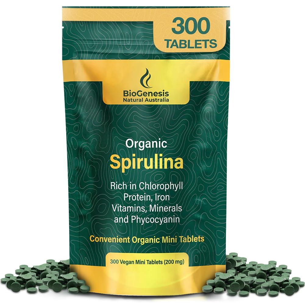 Biogenesis Organik Spirulina Mini Tabletler - 300 Kont (200 mg) | Avustralya Grown Blue-Green Algae | Phycocyanin, Chlorophyll & Bs | Supports Daily Energy & Immunity | Vegan Mini Tabs