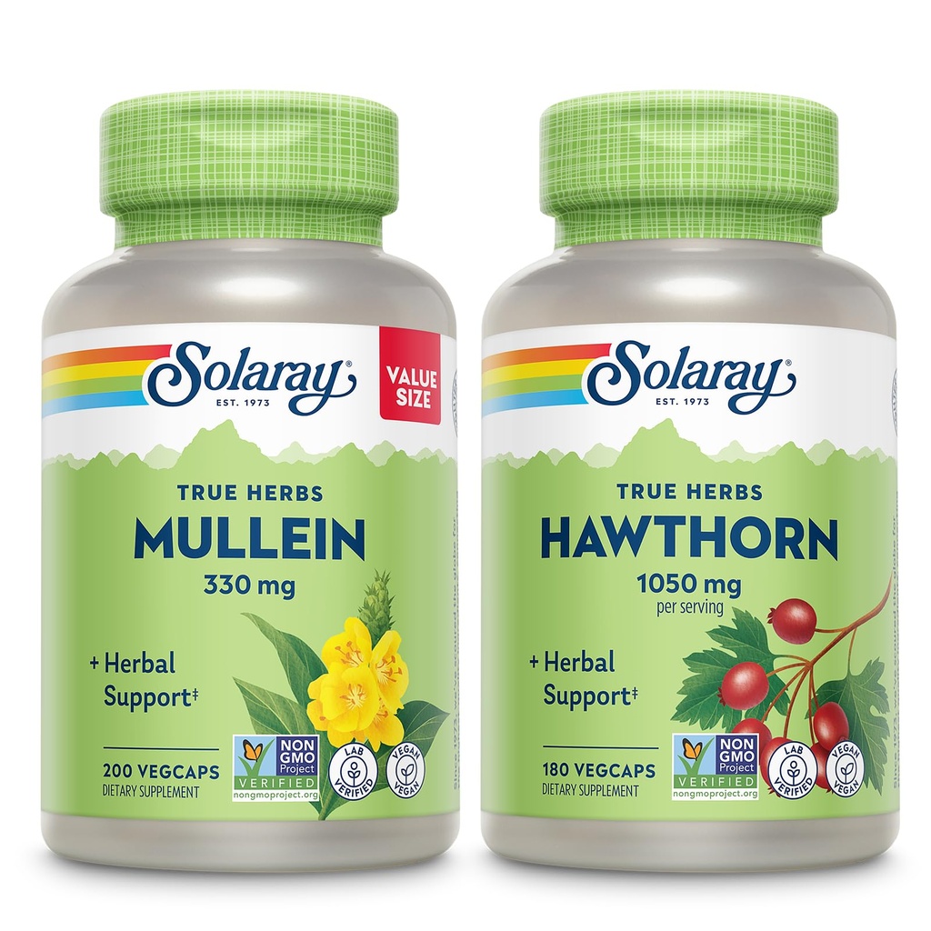SOLARAY Mullein Leaf 330 mg ve Hawthorn Berry Capsules 1050 mg - Soothing Herbal Support Sche for General Health and Wellness - Vegan, Non-GMO, 60-Day Garanti, Lab TY 200/180 VegCaps