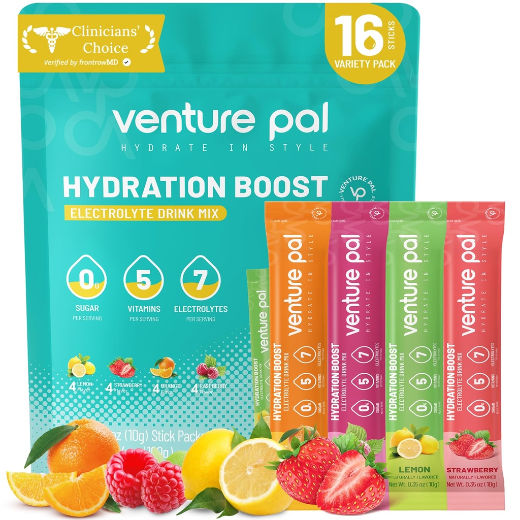 Venture Pal Sugar Free Electrolyte Toz Paketleri - Sıvı Günlük IV Hızlı Hydration & Parti Recovery için Mix | 5 Vitamin & 7 Elektrolytes / Keto Friendly | Non-GMO | sertifikalı Vegan | 16 Sticks