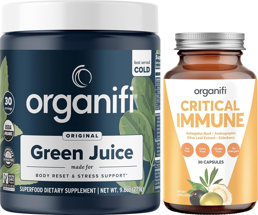 Organifi Green Juice Superfood Toz (30 Hizmet) ve Eleştirel Immune (30 Capsules) - C vitamini, Kilo Kontrol, Detox Cleanse, Stres Yardımı ve Immunity Support - Gluten Free, Vegan, Whole Food