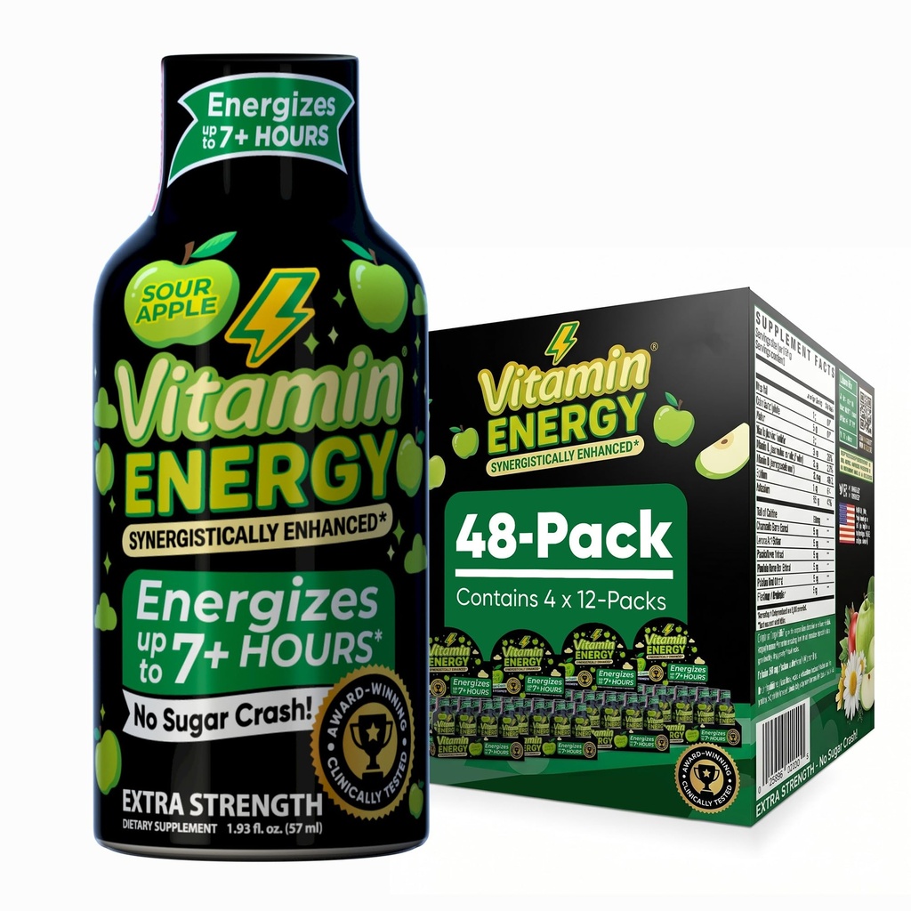 Enerji Vitamini + Ekstra Güçlü Enerji Shot Sour Apple 48 Pack, 260 mg Natural Caffeine, Pre-Workout, B-Vitamins, Minerals, Endurance & Performans, Zero Sugar, Gluten-Free, Vegan, 1.93 fl ozz