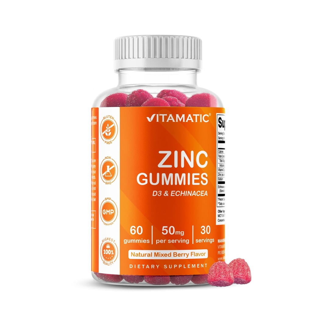 Vitamatic çinko 50mg Gummies – 60 Vegan Gummies Gluten Free – Yetişkinler için sağlıklı Immune Desteği, Erkekler ve Kadınlar