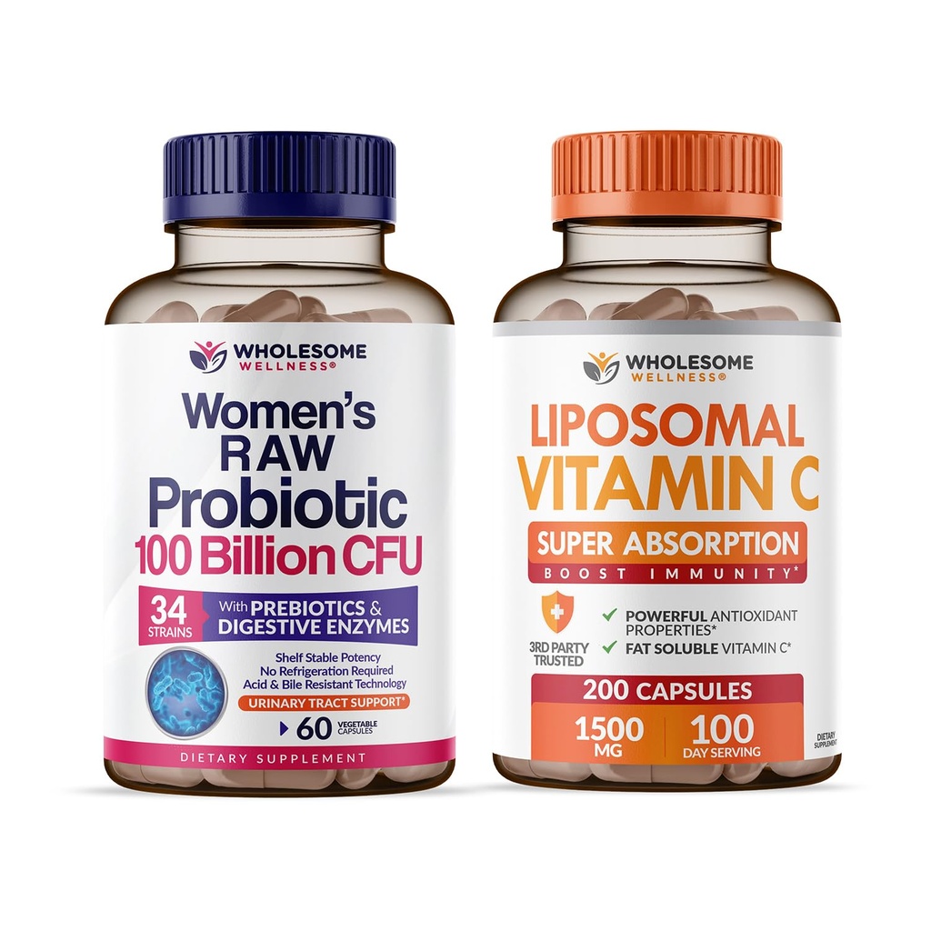 Wholesome Wellness Probiotics for Women 100 Billion CFUs with Prebiotics, Digestive Enzymes + Liposomal Vitamin C Capsules High Absorption, Ascorbic Acid Supplement Bundle