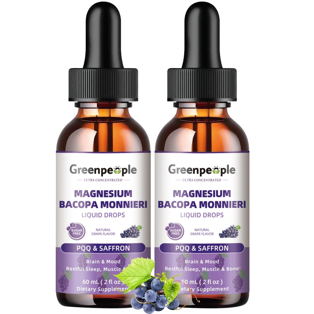 GREENPEOPLE Magnezyum Glycinate Liquid Drops - D3/K2/B6 ile Uyku için 1000 mg 5in-1 Yüksek Abhidratörü | Hızlı Teklif, Bone, Muscle & Sleep | Sugar-Free Grape Flavor, 2fl Oz 2 Pack