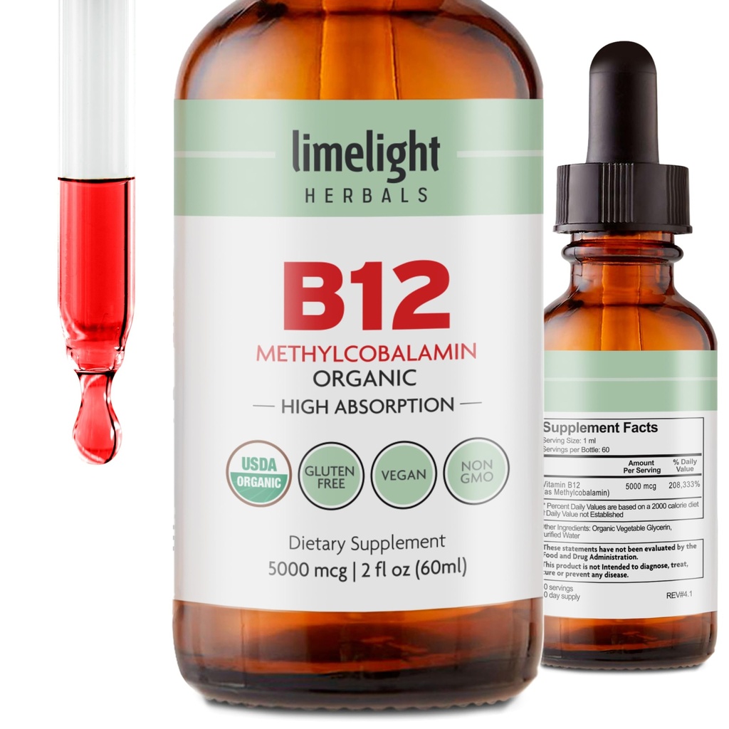 USDA Organik Vitamin B12 Liquid Drops – 5000 mcg Mecobalamin – Sublingual, Fast-Absorbing Vegan Supplement – Energy, Metabolism, Brain, Heart & Immune Support – Alkol-Free, 60 Hizmet, ABD Made