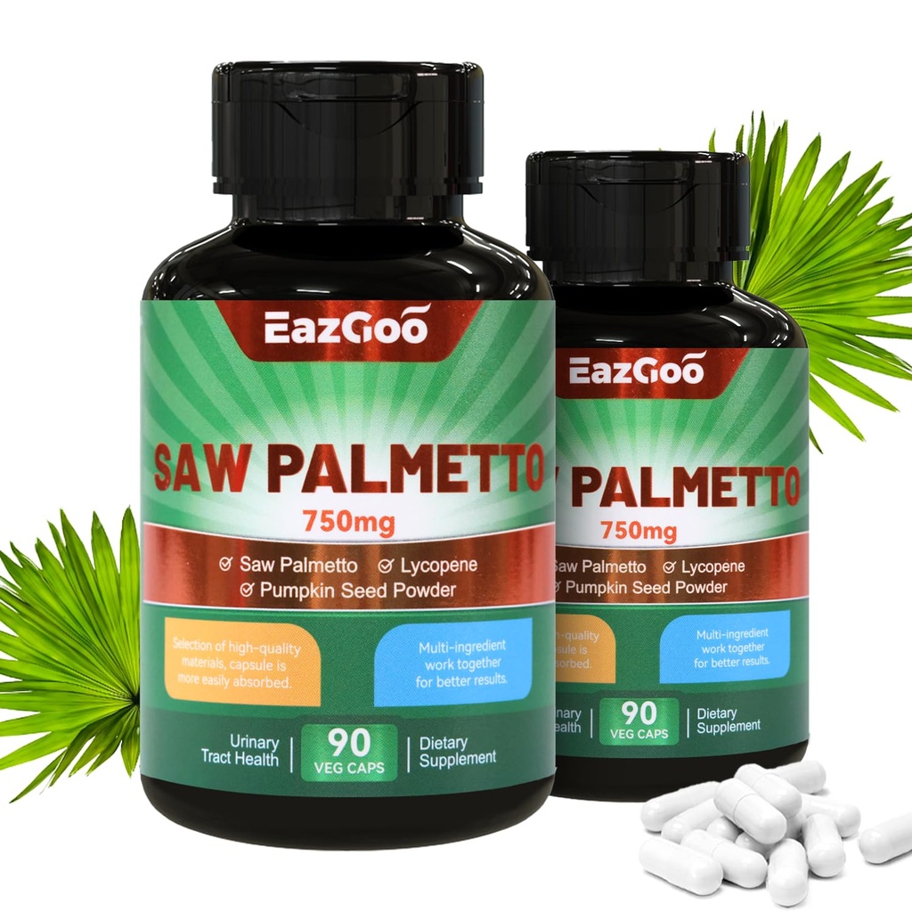 Saw Palmetto Supplement, Saw Palmetto Extract 750 mg, Lycopene, Riley Tohum Toz, Erkekler ve Kadınlar için, Non-GMOs & Gluten, Vegan, 90 Capsule Counts(Pack of 2)