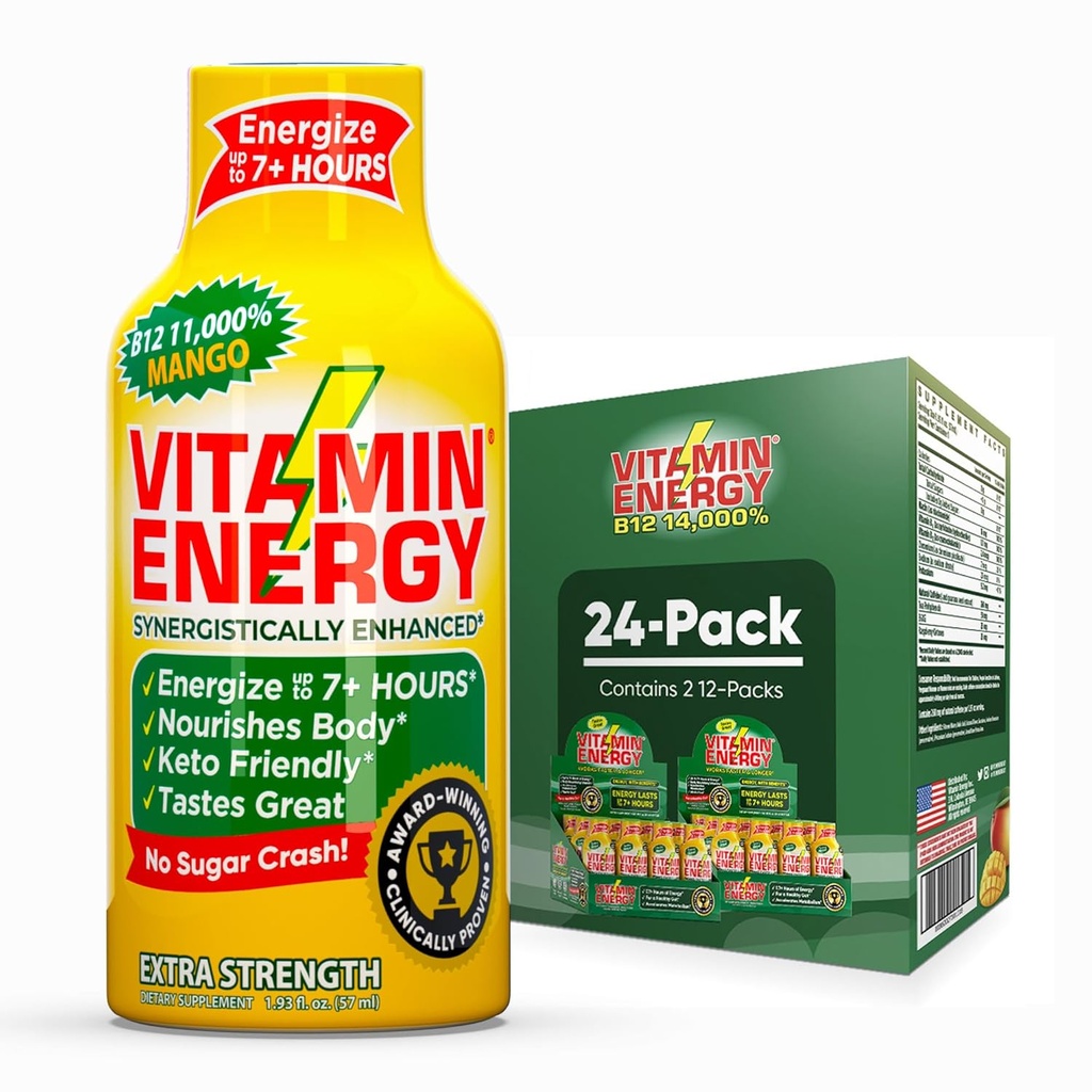 Enerji B12 11,000 Ekstra Kuvvetli Enerji Shot Mango 24 Paketi, 260 mg Natural Caffeine, B12 & B6, Nootropic Focus, Vitality, Zero Sugar, Gluten-Free, Vegan, Kosher, 1.93 fl ozzz