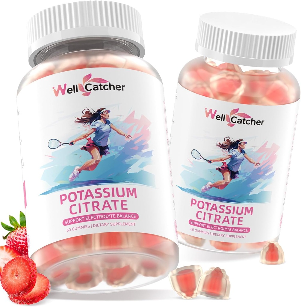 Yetişkinler Erkekler Kadınlar için Potasyum Gummies - Yüksek Potasyum Supplement 500 MG Sugar Free Support Electrolyte Balance Leg Cramps Vegan Non-GMO Organik Strawberry Flavor 2 Packs