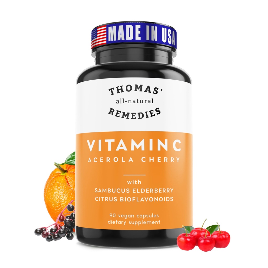 Thomas'ın tüm doğal Remedies Vitamin C, Organik Yaşlılar, Organik Citrus Bioflavonids - Tüm Gıda Supplement - Non-GMO - Raw Vegan - 90 Capsules