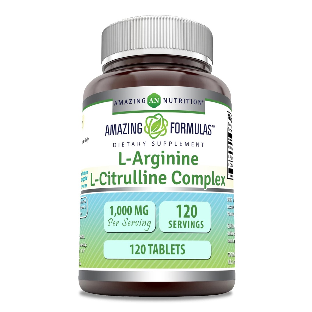 Amazing Formulas L-Arginine/L-Citrulline Kompleksi 1000 mg 120 Tabletler Tamam / ABD Ücretsiz | Made in USAMO | Gluten Free | Made in USA